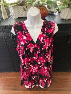 Anne Klein Black Magenta Floral Sleeveless Blouse Large